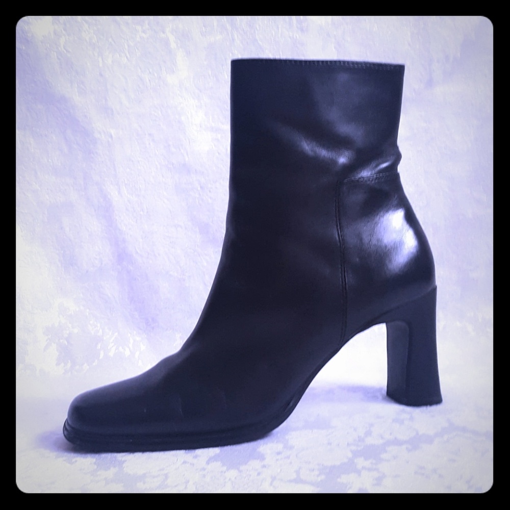 ⚃DISC SHIP⚃Black Leather High Heel Mid-Calf Boot